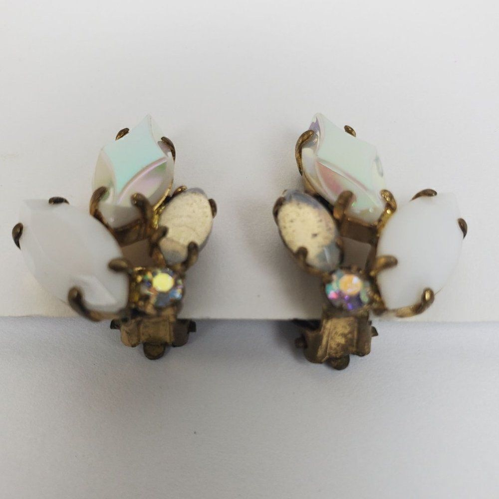 Vintage West Germany White Clear AB Crystal Rhinestone‎ Glass Clip On Earrings - Picture 3 of 12